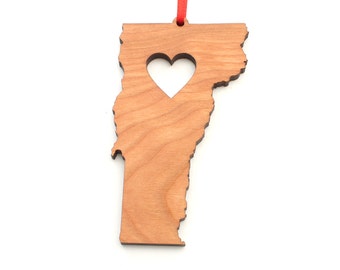 Heart Vermont Christmas Ornament - VT State Shape Ornament with Christmas Heart Cutout - Vermont Ornament Design by Heart State Shop