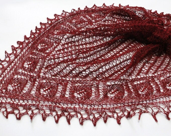 Maroon knitted shawl with beads, knitted shawl, delicate scarf, shawl hand knit, air shawl, triangular shawl, crochet shawl, knit shawl