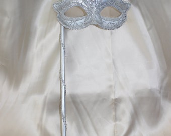 Ladies Baroque Half Face Silver Fantasy Glitter Venetian Masquerade Mask On Stick - Quality Replica 24553