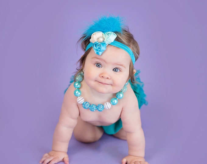 SALE!!! Baby Girls Outfit, Teal, Turquoise, baby set, ruffled bloomers, photo prop, birthday outfit, cake smash, baby tutu, feather headband