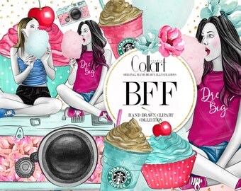 Friends Clip Art Set, Hand Drawn Watercolor Fashion Illustrations, BFF Clip Art, Cotton Candy, Cupcake, Camera, Girls, Flowers, Coffe Cup