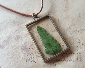 Fern leaf glass necklace ~ bronze ~.