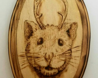 Hampster with antlers woodburning
