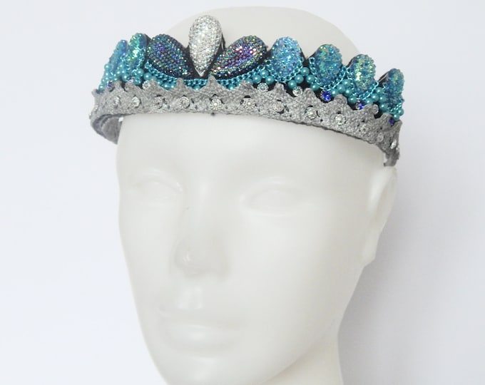 Blue silver tiara, designer headdress, adult princess headband, fantasy crown, lace headband, winter crown, medieval princess costume