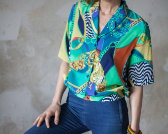 Vintage 90s Versace Vibes Colorful Shirt with Chains