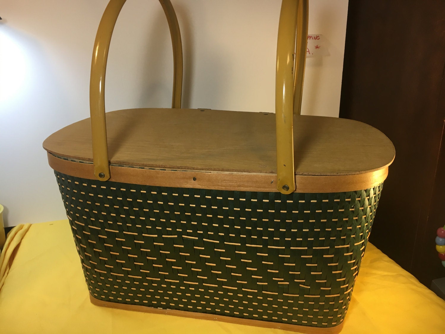 Vintage 60's Wicker Rattan Picnic Basket w/Retro Serving Set, Woven