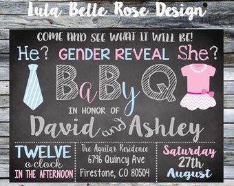 Gender reveal invitation chalkboard baby q barbecue baby