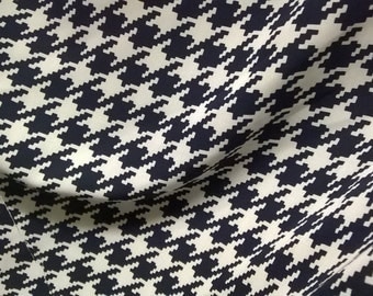 Cream and Navy Blue Houndstooth Design Crepe-Mix Fabric