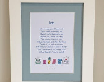 Lover of Lists, List Mad, Lists Poem, Lists Print, Friend, Mum, Gift For Her, Mother's Day, Her Birthday