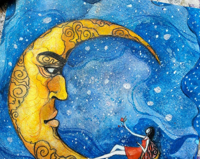 Moon in love ORIGINAL painting by Tatiana Boiko watercolor art, wall art, nursery art, kids, baby, wall hanging, blue night, butterfly, girl
