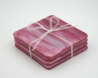 White & Pink Streaky Glass Coasters - Set of 4