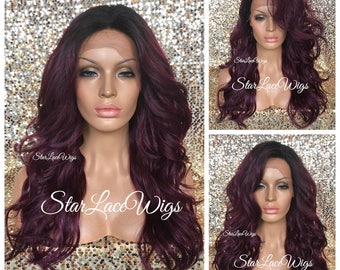 Lace Front Wig - Human Hair Blend - Long Curly - Plum Burgundy Purple - Light Yaki - Bangs - Dark Roots - Swiss Lace - Heat Safe