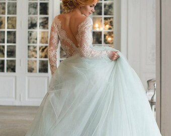 Champagne Nude Ivory Wedding Dress, Two Piece Wedding Dress, Alternative Wedding Dress , Long Sleeve Tulle Dress