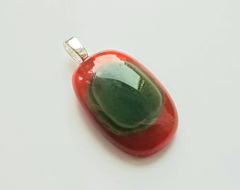 Rustic green and burnt orange fused glass pendent.