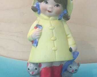 Vintage Jasco Taiwan Girl With Kittens In A Yellow Raincoat Ceramic Pomander Figurine
