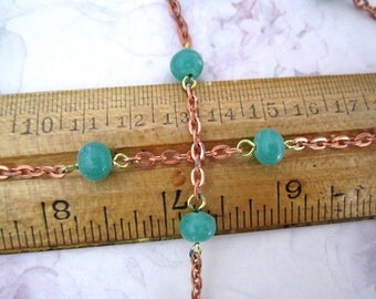 2 feet vintage glass green bead copper coated chain from Japan MIJ - f5339