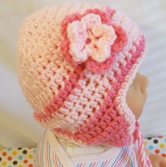 Crochet Girls Ear Flap Beanie Girls Pink by SewingGallerybyBarb