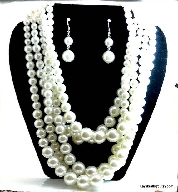 Faux Pearl Necklace and Earring Set Vintage White Pearl Multi