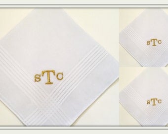 Set of 3 (three) PERSONALIZED EMBROIDERED Mens' Handkerchiefs with Metallic Monogram