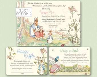 Peter Rabbit Baby Shower Invitation - Beatrix Potter Birthday Party Invite, Bring a Book, Diaper Raffle, 2 Styles - Printed or Digital