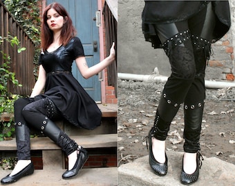 Faux Leather, Lace, and Grommet Leggings XS S M L XL 2xl 3xl plus size punk goth pants corset lacing lace-up gothic high-waist metal d-ring