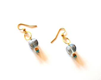 Gold Blue Gemstone Hoop Earrings / Golden Hoop Earrings / Blue Gold Geometric Earrings / 14k Gold Earrings Mystic Blue Quartz Gemstones