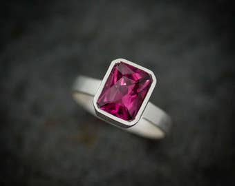 Pink Garnet Ring, Radiant Cut Solitaire Gemstone Ring in Argentium Silver, Rhodolite Garnet Bezel Set Wide Band Ring