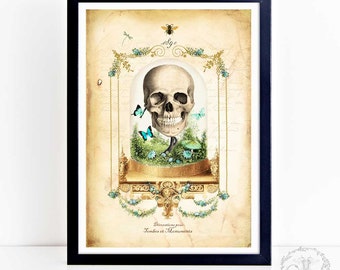 Halloween print, gothic skull in a glass cloche dome with butterflies, wall art, A4 giclee