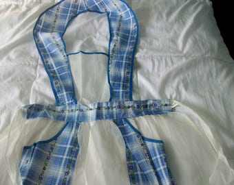Vintage white organza and blue cotton full APRON with two pockets