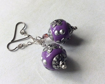 Amethyst purple antiqued silver baubles.Fine sterling silver chain.Niobium ear hooks.