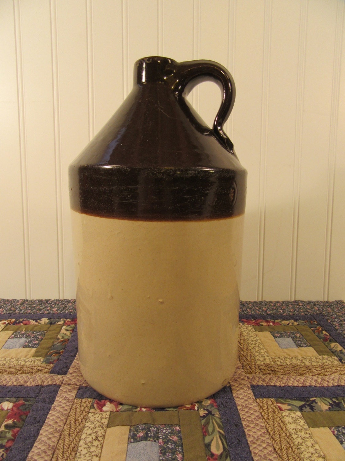 2 tone vintage stoneware jug with handle brown and tan made