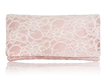 Blush pink and ivory lace Astrid bridal wedding clutch purse