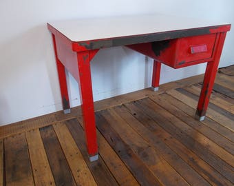 1940s INDUSTRIAL DESK by The General Fireproofing Company Ohio Metal One Deep Drawer Original Red Strong White Laminate Top Mid Century