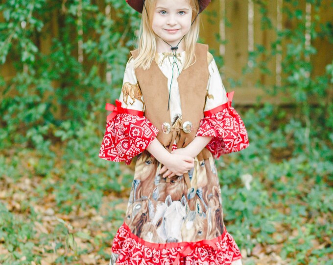 Little Girls Cowgirl Outfit - Toddler Maxi Dress - Western Birthday Party - Full Length Dress - Ruffle Skirt - Peasant Top - sz 2T to 8