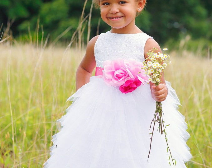 Full Length Flower Girl Dress - Blush - Little Girl Confirmation - Wedding - Toddler - Boutique White Dress - Custom Colors - 2T to 8 Years