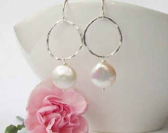 Coin Pearl Dangle Earrings, Sterling Pearl Earrings, Handmade Coin Pearl Earrings