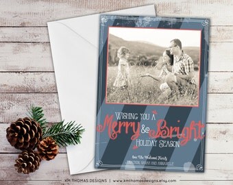 Printable Photo Holiday Card - Christmas Photo Card - Vintage Holiday Card - Chalkboard Font - Merry and Bright - Navy Holiday Card - WH106