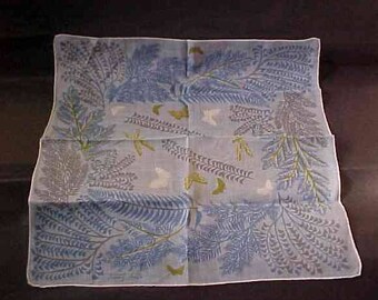 Vintage Tammis Keefe Signed Hankie Butterflies and Dragonflies Handkerchief ferns Hanky