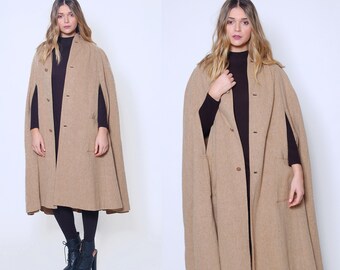Vintage 70s Camel WOOL Cape Minimalist Cape Coat