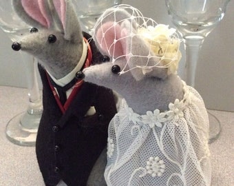 Mr and Mrs Mouse Wedding Cake Topper Gray Felt Mice
