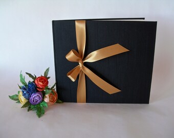 Lined guest book - black silk with satin ribbon - 8x9in 20x23cm - Ready to ship