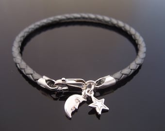 3mm Grey Braided Leather Bracelet With 925 Sterling Silver Star & Moon Charm