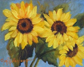 Sunflower Still Life Painting,SUNFLOWER Triplet,Small Original Oil Painting by Cheri Wollenberg
