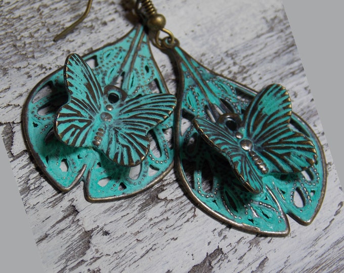 Butterfly Earrings Patina Blue Earrings Minimalist Jewelry