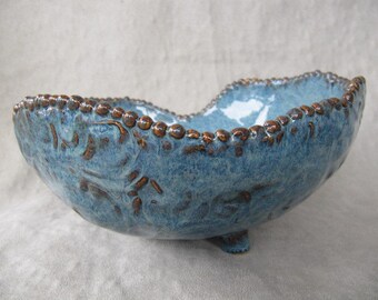 SALE Handbuilt quirky whimsical pottery blue serving bowl