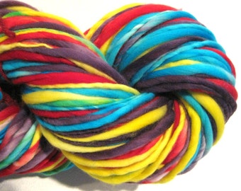 Bulky Handspun Yarn, Harlequin, 140 yards, hand dyed merino wool, blue yellow purple red yarn waldorf doll hair, knitting supplies,crochet