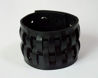 Weave Black Leather Bracelet Leather Cuff Leather wristband
