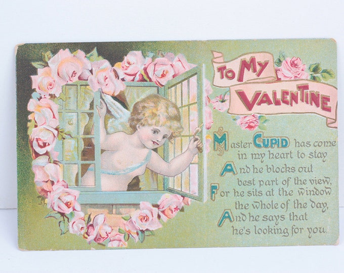 Cupid at the Window Valentine Postcard 1912 Antique Florals Cupid