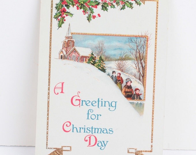 Antique Christmas Postcard Greeting for Christmas Day Embossed Church Holly Bells