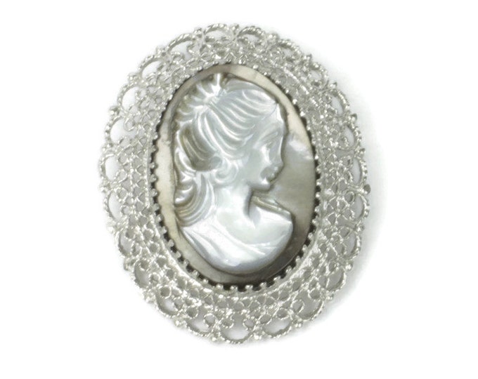 MOP Cameo Brooch or Pendant in Sterling Silver Setting Signed KL